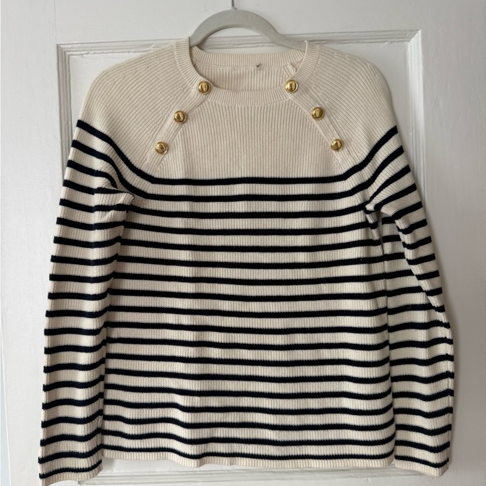 Striped Cream and Black Sweater with Gold Buttons